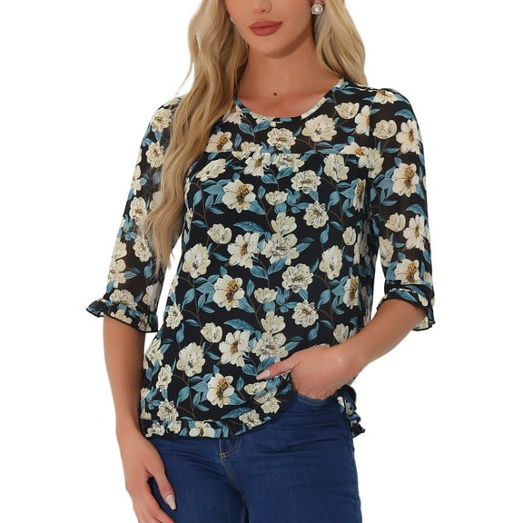 INSPIRE CHIC Women's Tops 3/4 Sleeves Ruffle Hem Floral Chiffon Shirt Blouses XS Blacks