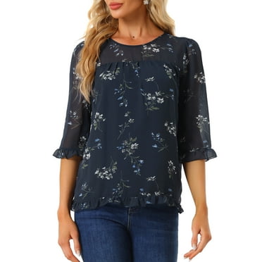 INSPIRE CHIC Women's Tops Ruffle 3/4 Sleeve Floral Chiffon Spring Summer Shirt Blouses XS Navy Blue