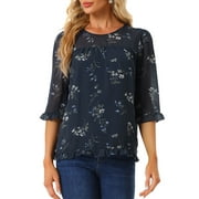 INSPIRE CHIC Women's Chiffon Tops Ruffle 3/4 Sleeve Round Neck Spring Summer Floral Shirt Blouses XS Navy Blue