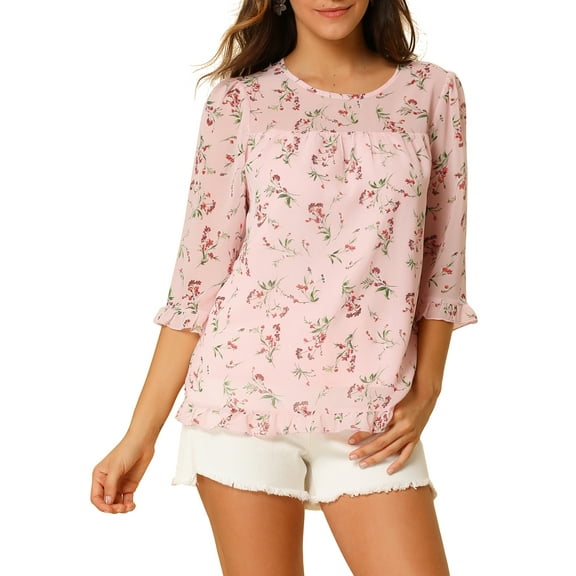 INSPIRE CHIC Women's Tops 3/4 Sleeves Ruffle Hem Floral Chiffon Shirt Blouses XS Pink Orange