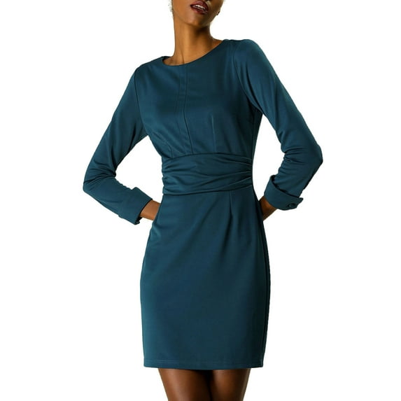 Allegra K Women's Boat Neck 3/4 Sleeves Ruched Waist Above Knee Sheath Dress