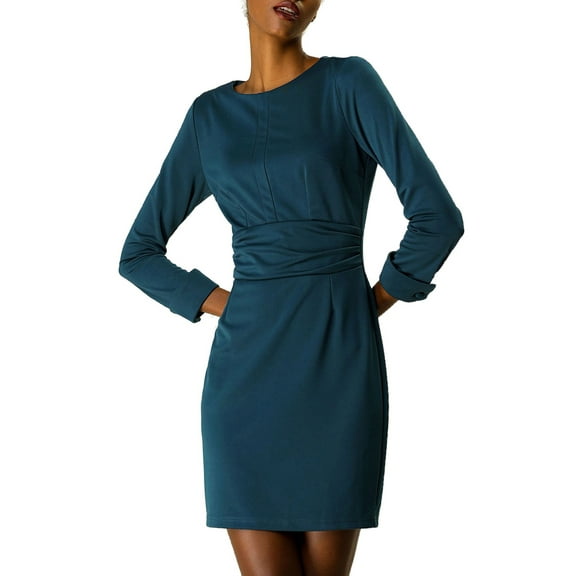 INSPIRE CHIC Women's Boat Neck 3/4 Sleeves Ruched Waist Above Knee Sheath Dress M Dark Teal