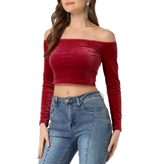 INSPIRE CHIC Women's Boat Neck Long Sleeve Off Shoulder Cropped Velvet Blouse L Wine Red