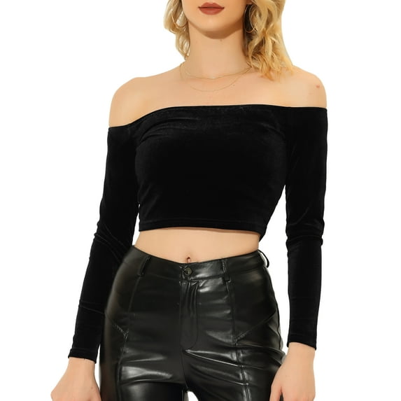 INSPIRE CHIC Women's Boat Neck Long Sleeve Off Shoulder Cropped Velvet Blouse XS Black