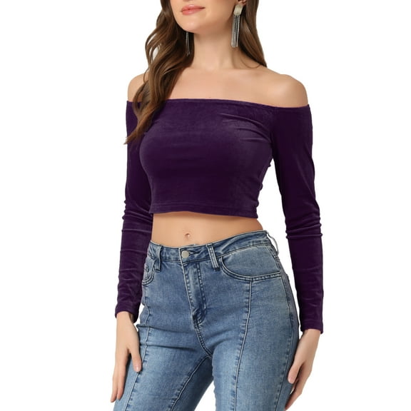 INSPIRE CHIC Women's Boat Neck Long Sleeve Off Shoulder Cropped Velvet Blouse XS Purple