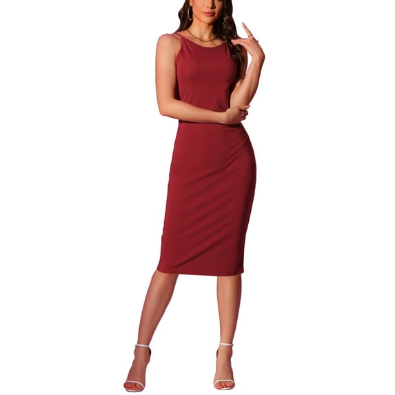 INSPIRE CHIC Women's Bodycon Sleeveless Spaghetti Strap Club Party Cocktail Midi Dress Wine Red S