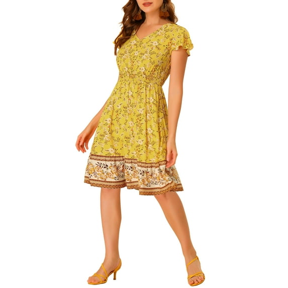 INSPIRE CHIC Women's Bohemian Flutter Sleeve Smocked Waist A-Line Floral Dress Yellow XS