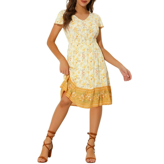 Allegra K Women's Bohemian Flutter Sleeve Smocked Waist A-Line Floral Dress