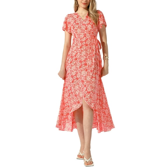 INSPIRE CHIC Women's Boho Floral Cross V Neck Flutter Sleeve Summer Beach Wrap Dress