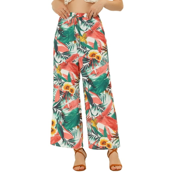 INSPIRE CHIC Women's Boho Floral High Waist Drawstring Tropical Wide Leg Pants M White