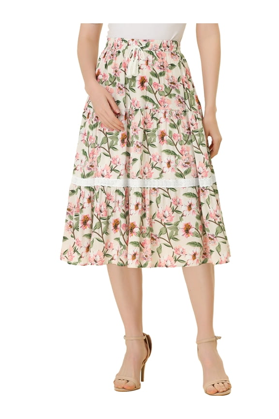 Women's Boho Floral Lace Insert Drawstring Elastic Waist Summer Midi Skirt S White