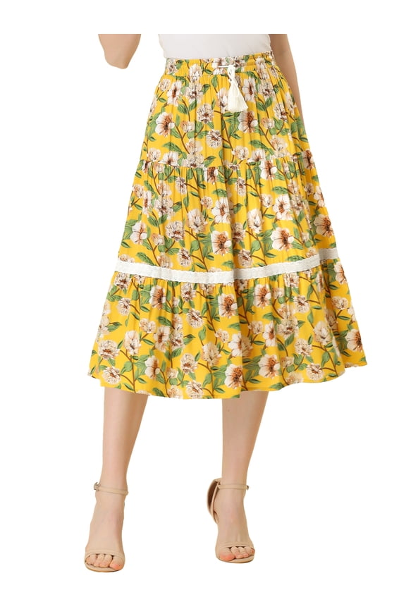 Women's Boho Floral Lace Insert Drawstring Elastic Waist Summer Midi Skirt XL Yellow