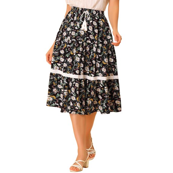 Allegra K Women's Boho Floral Lace Insert Drawstring Elastic Waist Summer Midi Skirt