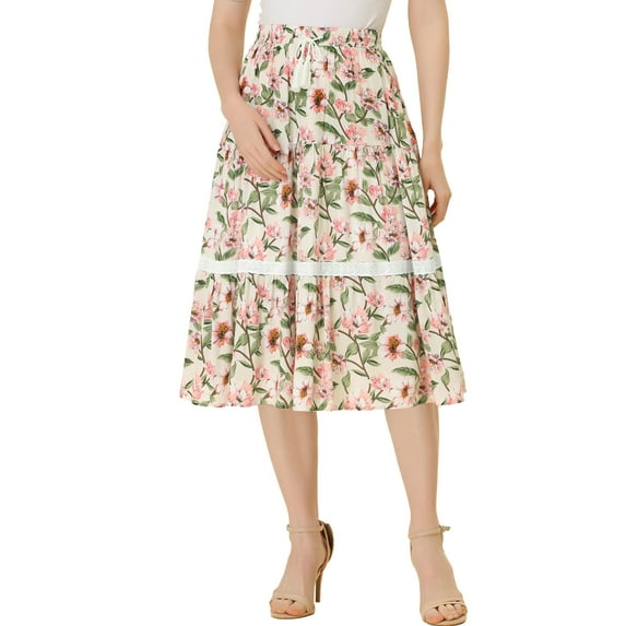 Allegra K Women's Boho Floral Lace Insert Drawstring Elastic Waist Summer Midi Skirt