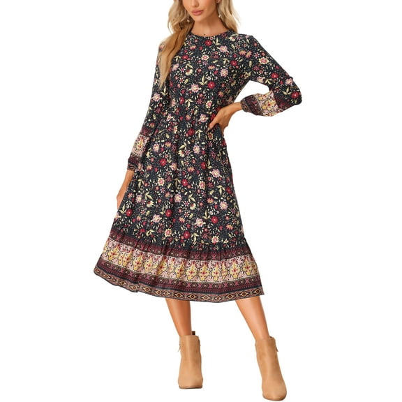 INSPIRE CHIC Women's Boho Dresses Floral Crew Neck Long Sleeves Midi Summer Dress L Black