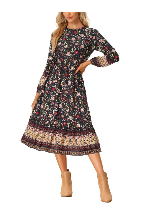 Women's Boho Dresses Floral Crew Neck Long Sleeves Midi Summer Dress M Black