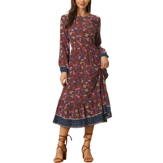INSPIRE CHIC Women's Boho Dresses Floral Crew Neck Long Sleeves Midi Summer Dress XL Brick Red
