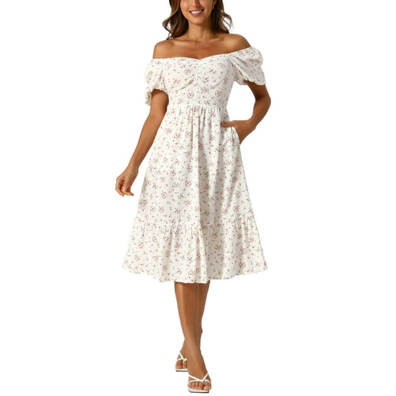 INSPIRE CHIC Women's Boho Floral Print Long Dresses Square Neck Puff Short Sleeve a Line Casual Maxi Dress XL White