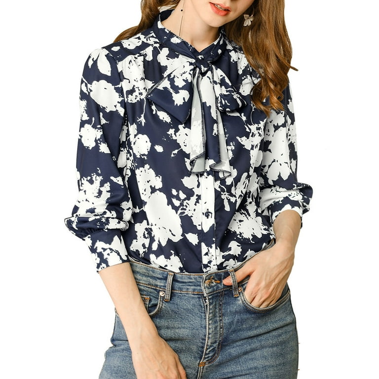 Allegra K Women s Boho Floral Print Long Sleeves Bow Tie V Neck Blouse Tops Walmart