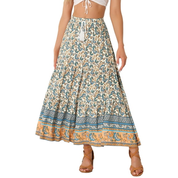 INSPIRE CHIC Women's Boho Floral Skirt Tassels Elastic Waist Flowy Maxi Skirts XL Beige