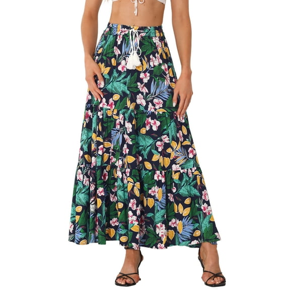 INSPIRE CHIC Women's Boho Floral Skirt Tassels Elastic Waist Flowy Maxi Skirts XS Dark Blue