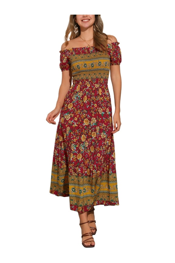 Women's Boho Dress Puff Short Sleeves Off-Shoulder Floral Smocked Maxi Sundress Red M