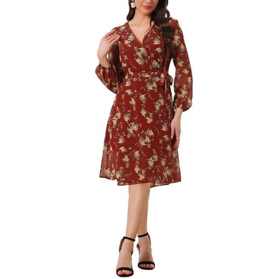 INSPIRE CHIC Women's Boho Floral V Neck Bishop Sleeve Below The Keen Wrap Dress XS Burgundy