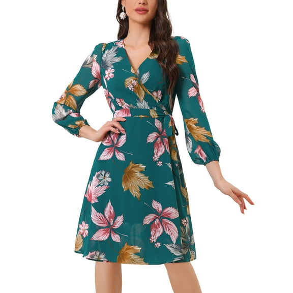 INSPIRE CHIC Women's Boho Floral V Neck Bishop Sleeve Below The Keen Wrap Dress XS Dark Green