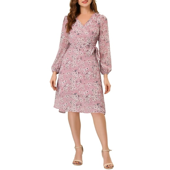 INSPIRE CHIC Women's Boho Floral V Neck Bishop Sleeve Below The Keen Wrap Dress 2XL Pink