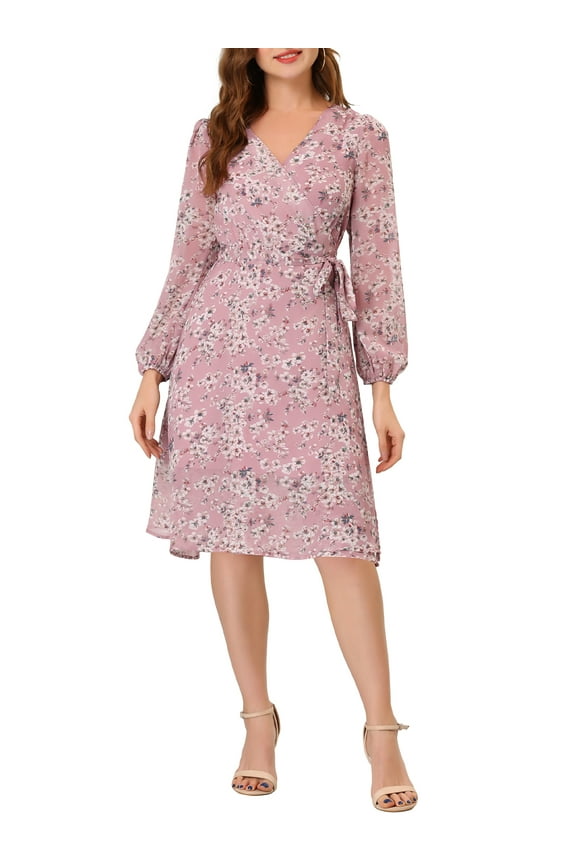 Women's Boho Floral V Neck Bishop Sleeve Below The Keen Wrap Dress 2XL Pink