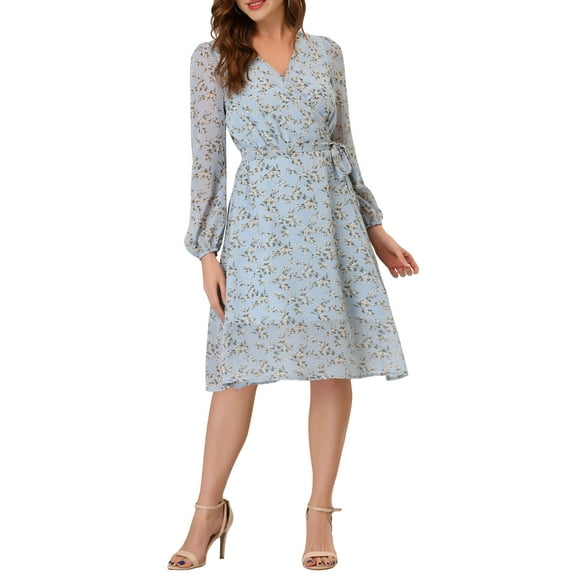 INSPIRE CHIC Women's Boho Floral V Neck Bishop Sleeve Below The Keen Wrap Dress S Light Blue