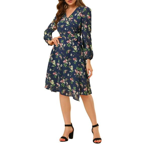 INSPIRE CHIC Women's Boho Floral V Neck Bishop Sleeve Below The Keen Wrap Dress XS Dark Blue