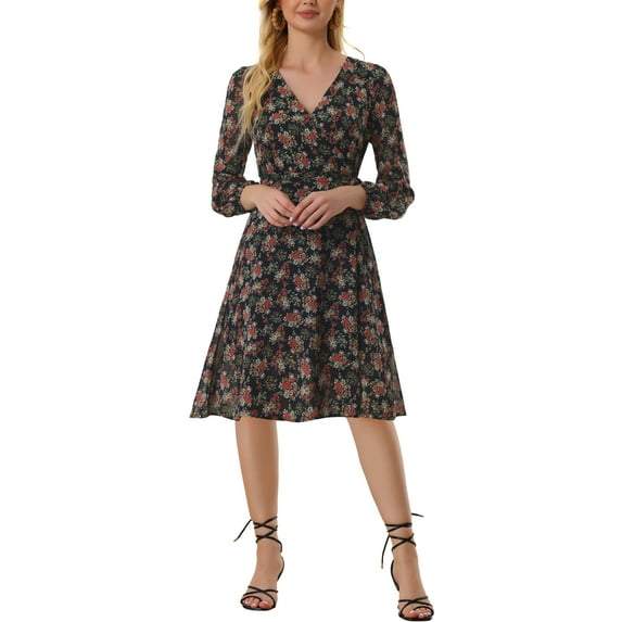 INSPIRE CHIC Women's Boho Floral V Neck Bishop Sleeve Below The Keen Wrap Dress XL Black