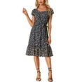 thumbnail image 1 of INSPIRE CHIC Women's Floral Print Elastic Waist Square Neck Ruffled Hem Belted Midi Dress Navy Blue XL, 1 of 7