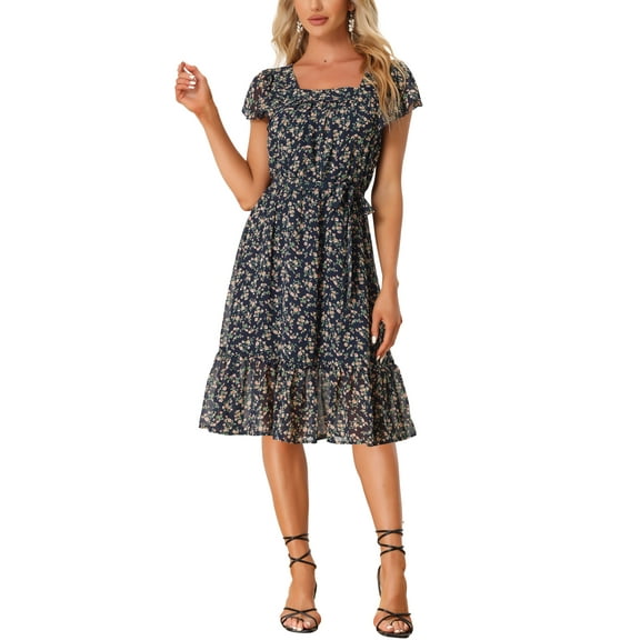 INSPIRE CHIC Women's Floral Print Elastic Waist Square Neck Ruffled Hem Belted Midi Dress Navy Blue XL