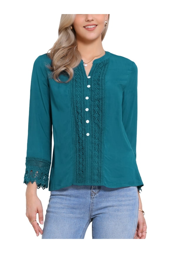 Women's Boho Half Button Placket Long Sleeve Lace Crochet Blouses XL Peacock Blue