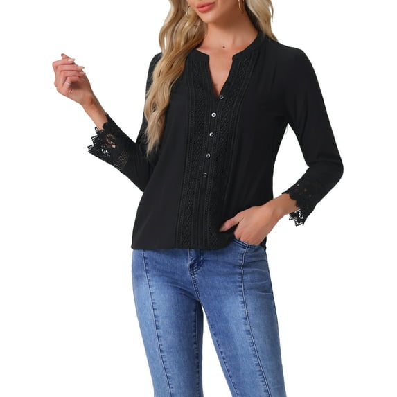 INSPIRE CHIC Women's Boho Half Button Placket Long Sleeve Lace Crochet Blouses