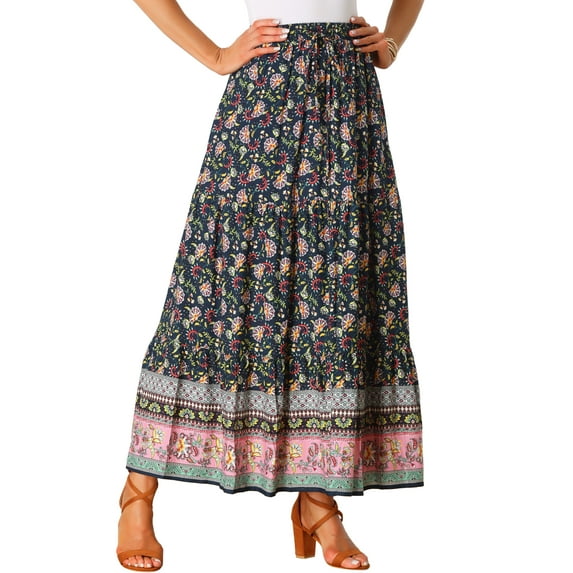 INSPIRE CHIC Mother's Day Women's Boho Skirts Floral Print Spring Summer Elastic Waist Casual Maxi Skirts XS Navy Blue