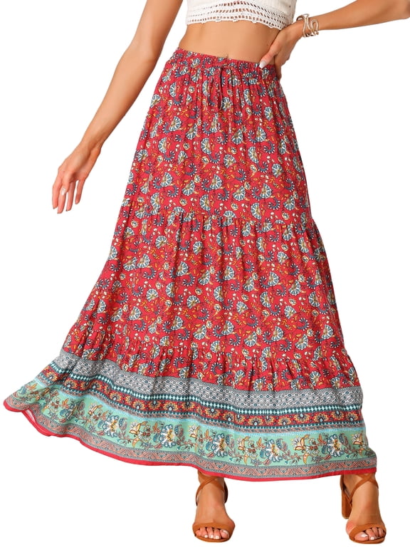 Women's Boho Skirts Floral Print Spring Summer Elastic Waist Casual Maxi Skirts XS Red