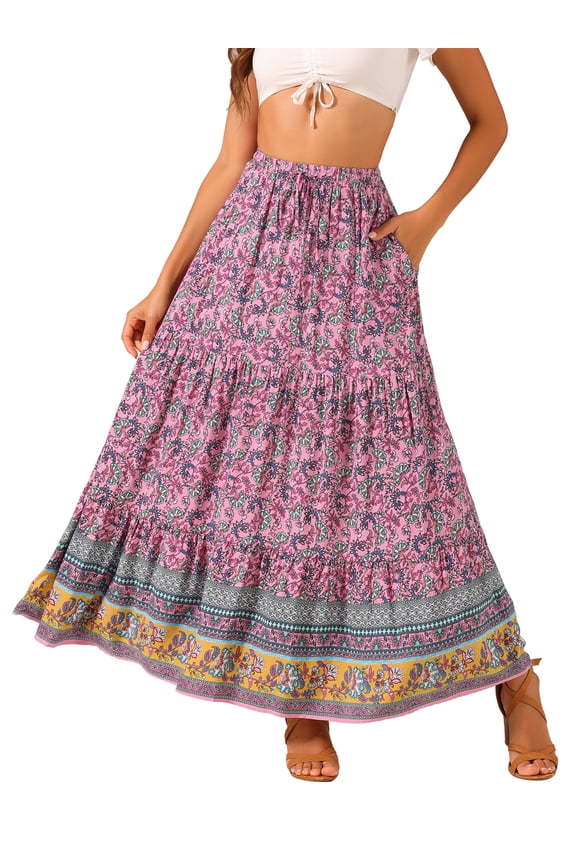 Women's Boho Skirts Floral Print Spring Summer Elastic Waist Casual Maxi Skirts M Pink