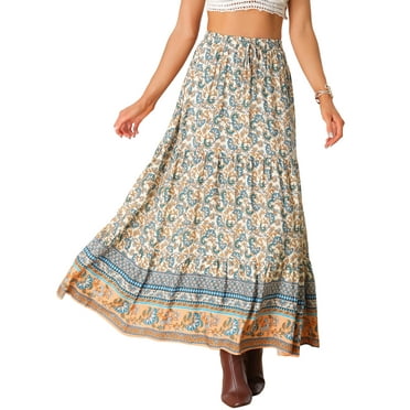 Allegra K Women's Boho Skirt Casual Floral Printed Elastic Waist Maxi Skirts XS Beige
