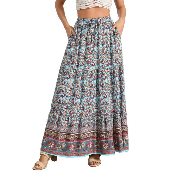 INSPIRE CHIC Women's Boho Skirts Floral Print Spring Summer Elastic Waist Casual Maxi Skirts XL Blue