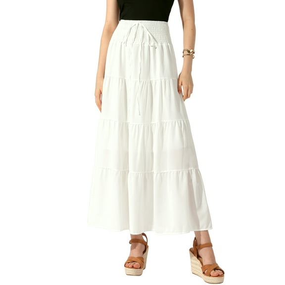INSPIRE CHIC Women's Boho Skirts Summer Smocked Elastic Waist Tiered A-Line Beach Maxi Skirt