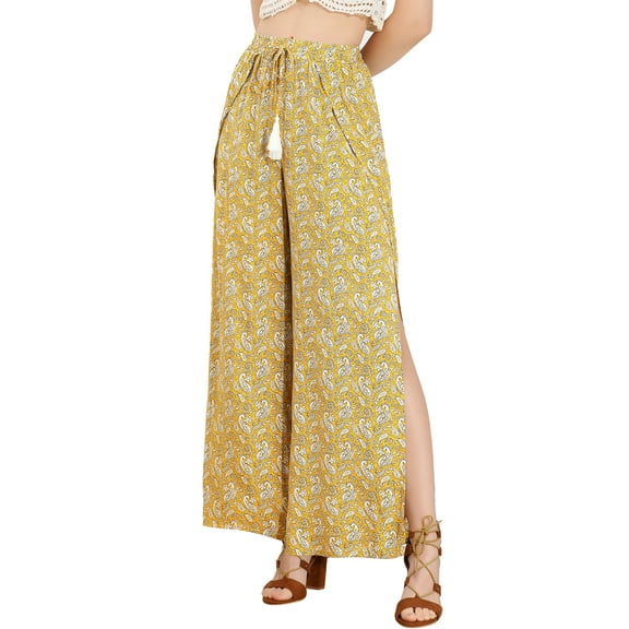 INSPIRE CHIC Women's Boho Tassel Drawstring High Split Paisley Wide Leg Pants XL Yellow
