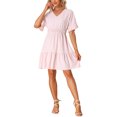 thumbnail image 1 of INSPIRE CHIC Women's Boho V Neck Smocked Waist Ruffled Tie Hem Peasant Bohemia Dress XS Pink, 1 of 5