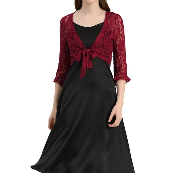 INSPIRE CHIC Women's Bolero Cardigan Ruffle 3/4 Sleeve Tie Front Lace Shrug Top Burgundy XL