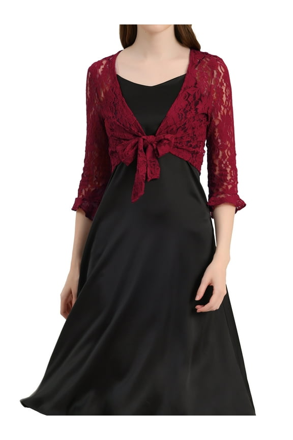 Women's Bolero Cardigan Ruffle 3/4 Sleeve Tie Front Lace Shrug Top Burgundy S