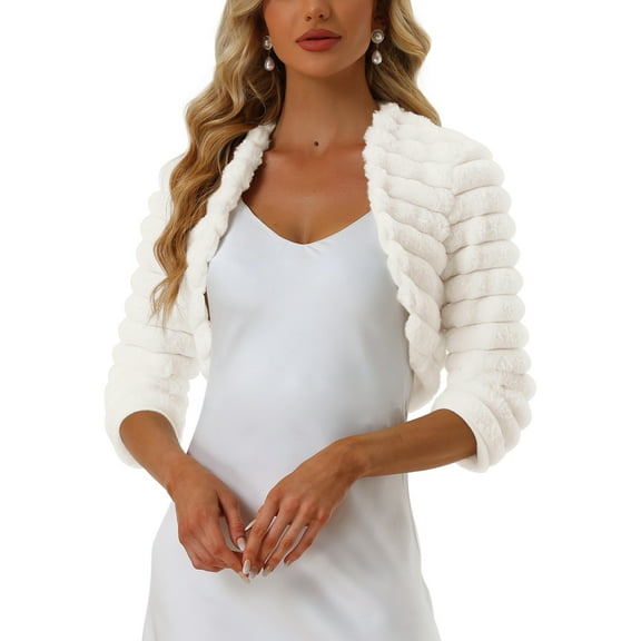INSPIRE CHIC Women's Bolero Jacket Open Front Cropped Fluffy Faux Fur Shrug M White