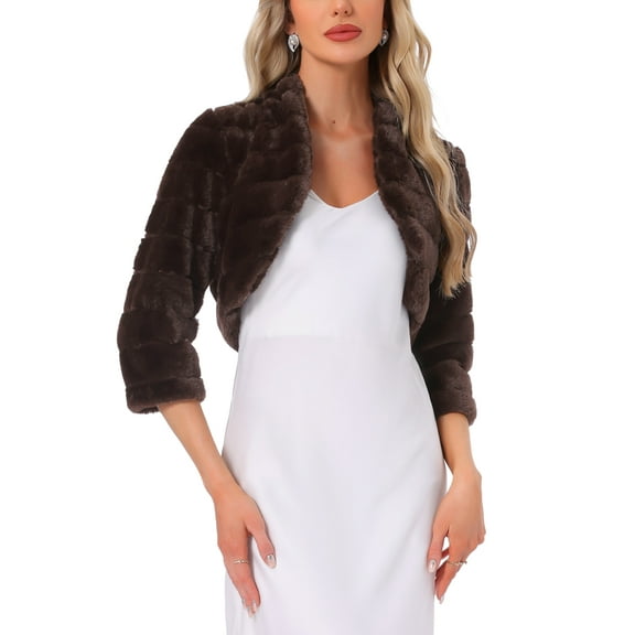 INSPIRE CHIC Women's Bolero Jacket Open Front Cropped Fluffy Faux Fur Shrug S Coffee