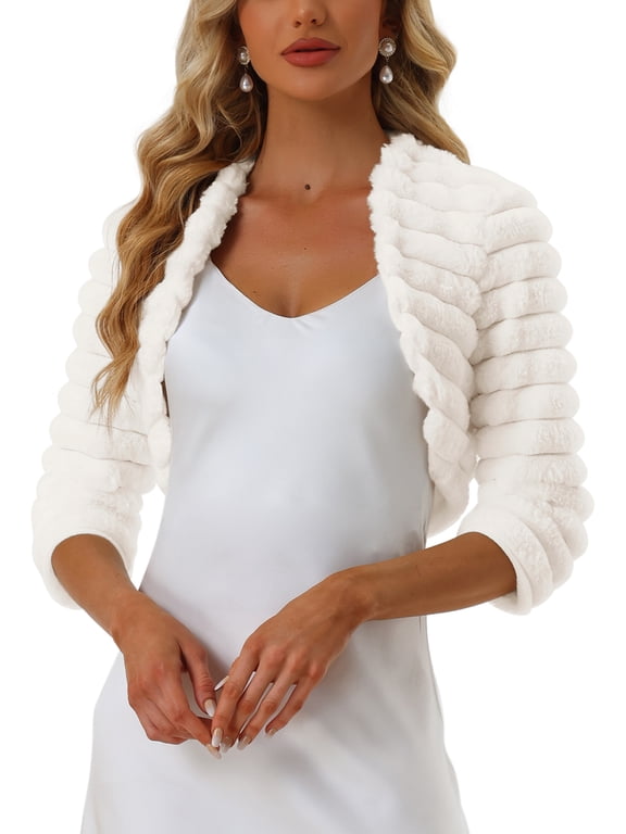 Women's Halloween Bolero Jacket for Evening Dresses Wedding Open Front Cropped Fluffy Faux Fur Shrug S White